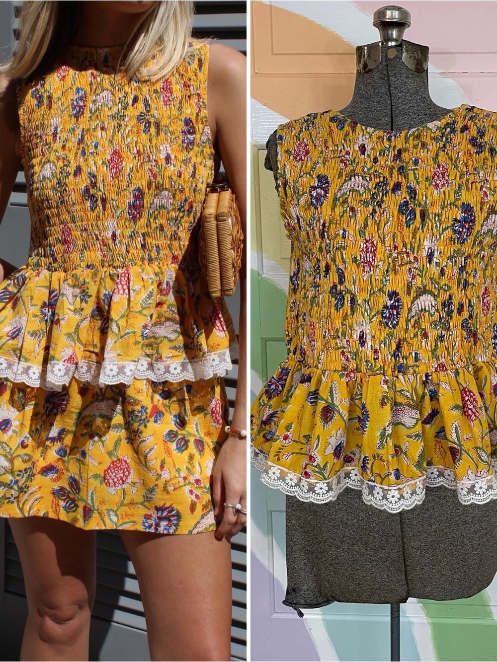 Skylar Scott Charleston Golden Shore Floral Smocked Peplum Bow Top Sz M 💛🎀